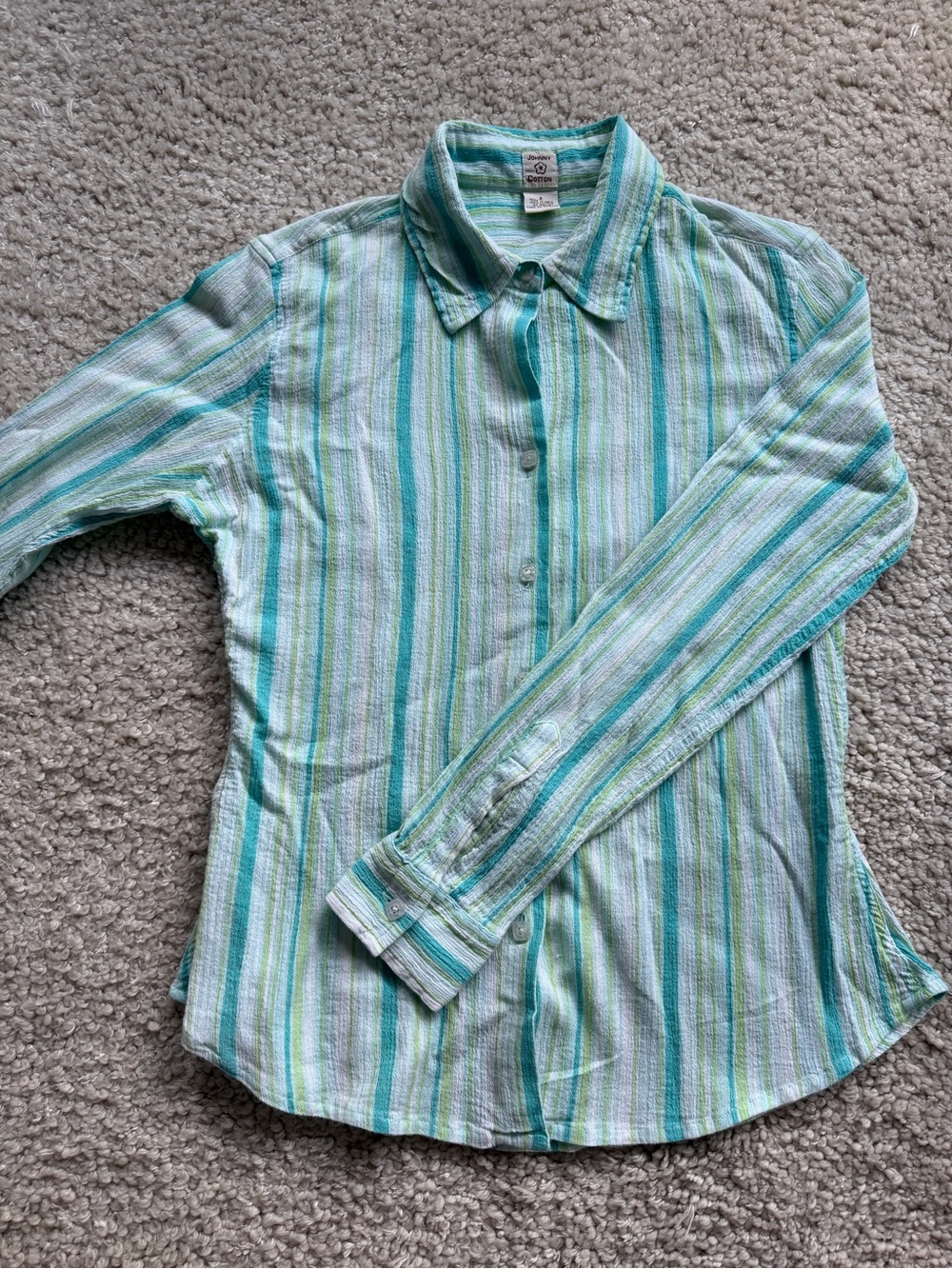 Johnny Cotton Lightweight Striped Button-Down Shirt — Green & White